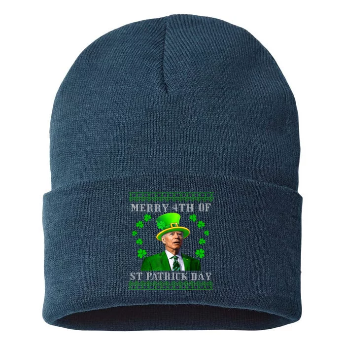 Merry 4th Of St Patrick's Day Funny Joe Biden Sustainable Knit Beanie