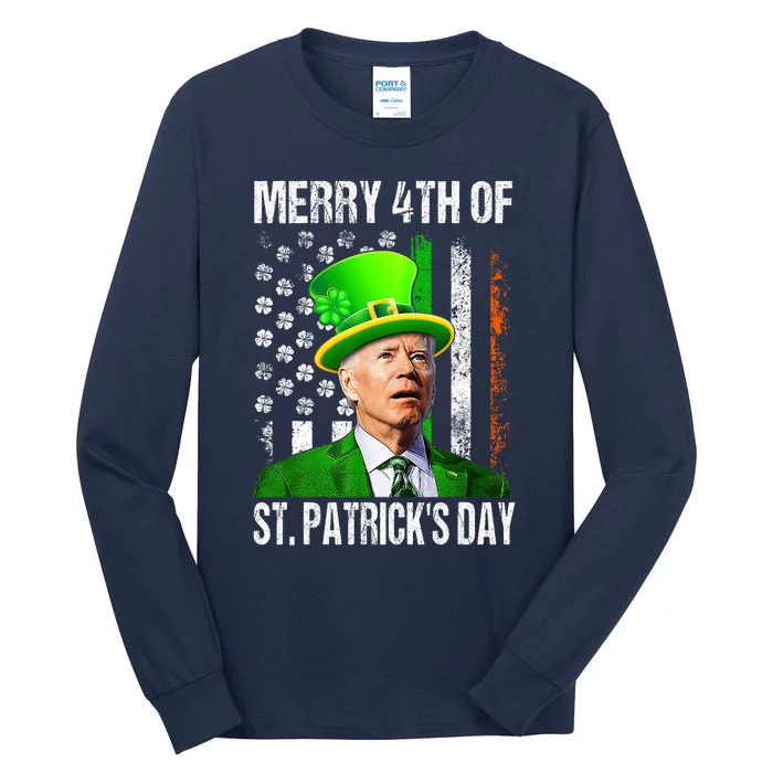 Merry 4th Of St PatrickS Day Funny Joe Biden Leprechaun Hat Tall Long Sleeve T-Shirt