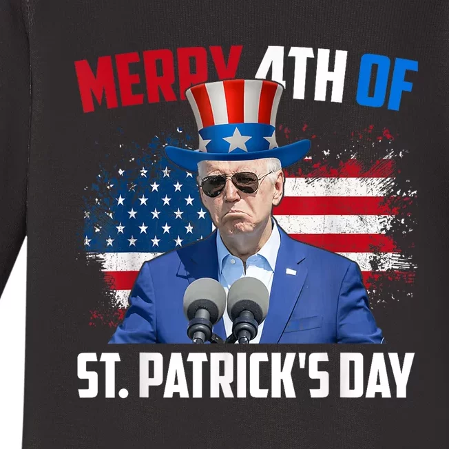 Merry 4th Of St Patricks Day Anti Biden Confused 4th Of July Baby Long Sleeve Bodysuit