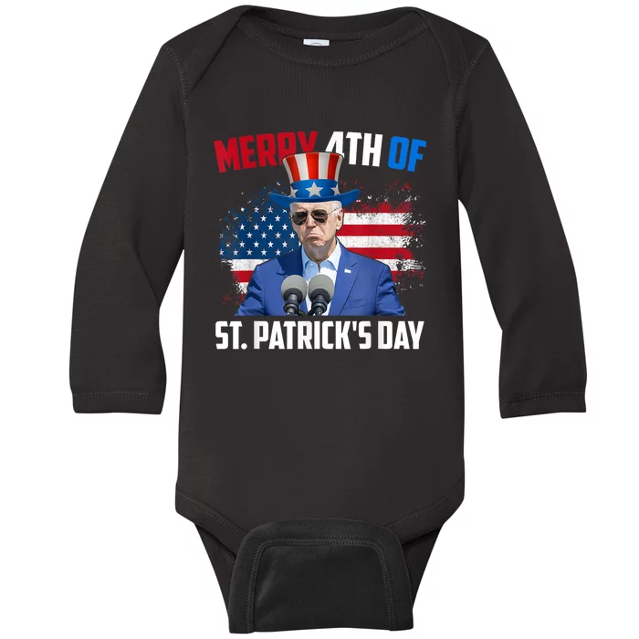 Merry 4th Of St Patricks Day Anti Biden Confused 4th Of July Baby Long Sleeve Bodysuit