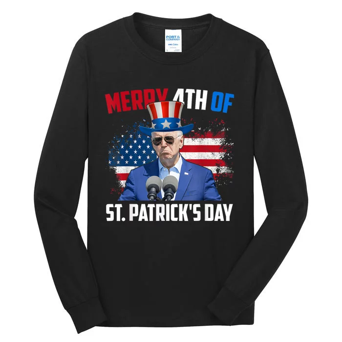 Merry 4th Of St Patricks Day Anti Biden Confused 4th Of July Tall Long Sleeve T-Shirt