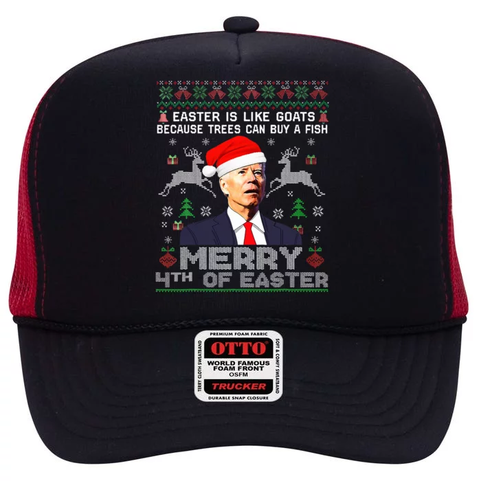 Merry 4th Of Easter Funny Biden Ugly Christmas Sweater High Crown Mesh Trucker Hat