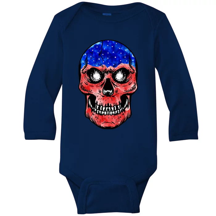 Merica 4th Of July American Flag Skull Usa Independence Day Gift Baby Long Sleeve Bodysuit