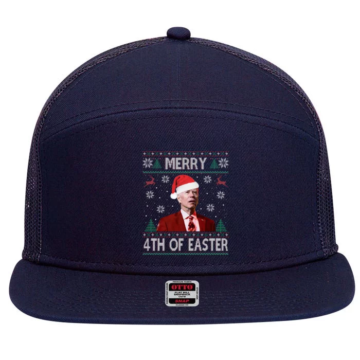 Merry 4th Of Easter Funny Joe Biden Christmas Ugly Sweater 7 Panel Mesh Trucker Snapback Hat