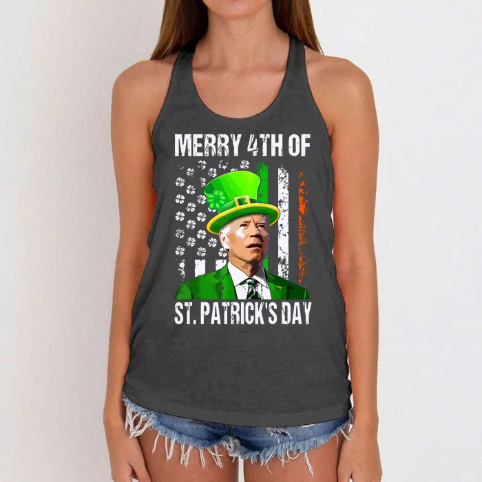 Merry 4th Of St Patricks Day Funny Joe Biden Leprechaun Hat Women's Knotted Racerback Tank