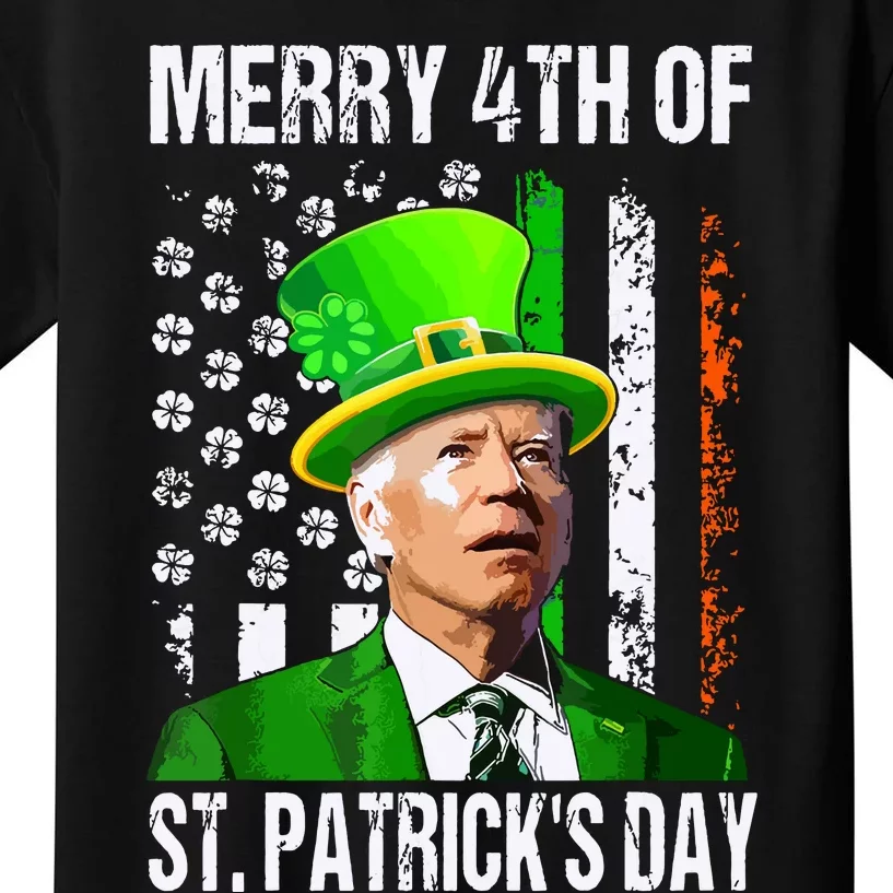 Merry 4th Of St Patricks Day Funny Joe Biden Leprechaun Hat Kids T-Shirt