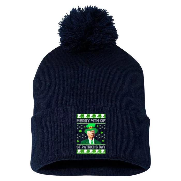 Merry 4th Of St Patricks Day Joe Biden Leprechaun Hat Clover Pom Pom 12in Knit Beanie