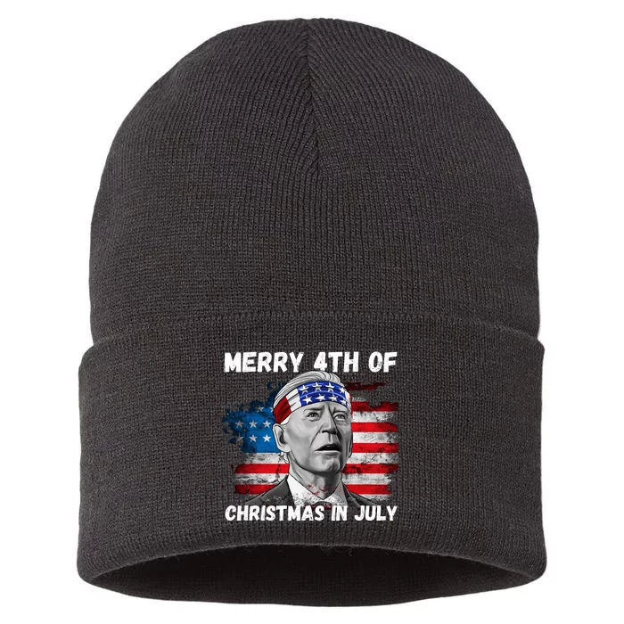 Merry 4th Of Christmas In July Funny Biden Sustainable Knit Beanie