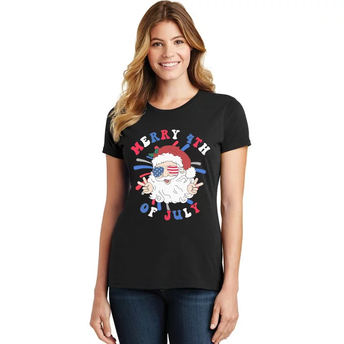 Merry 4th Of July Santa Claus Funny Christmas In July Women's T-Shirt