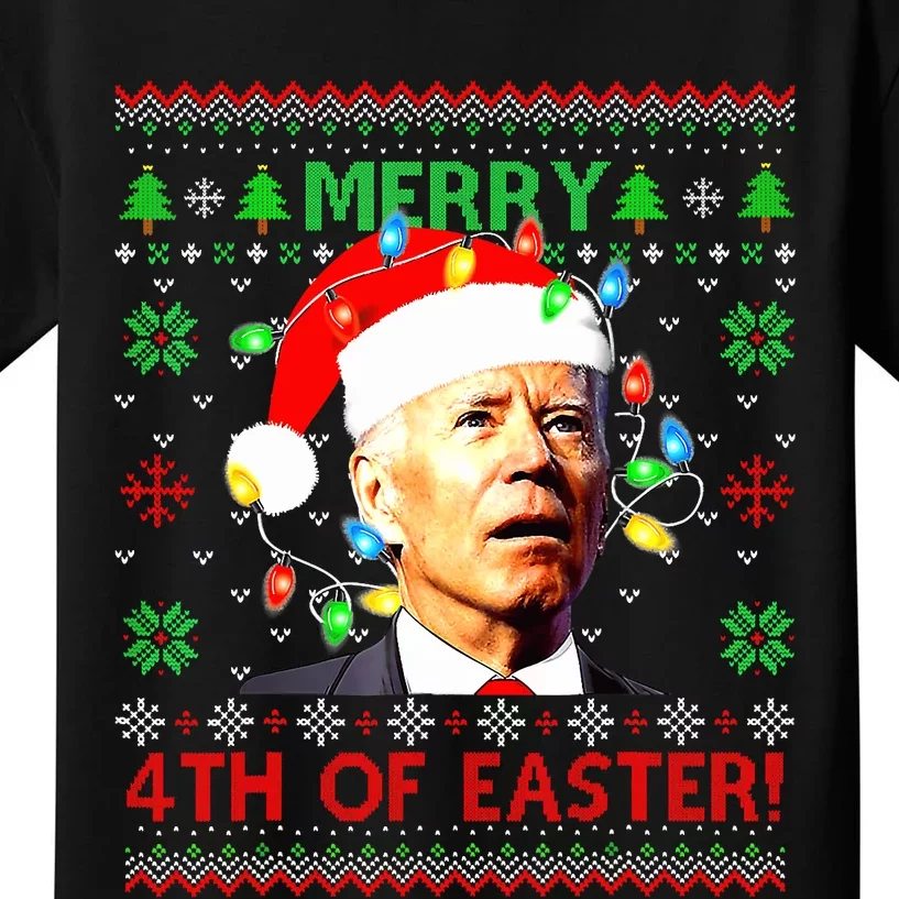 Merry 4th Of Easter Santa Joe Biden Ugly Christmas Sweater Biden Confused Kids T-Shirt