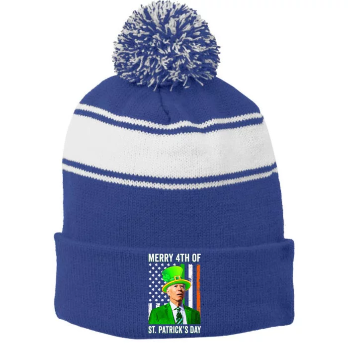 Merry 4th Of St Patrick's Day Joe Biden Leprechaun Hat Stripe Pom Pom Beanie