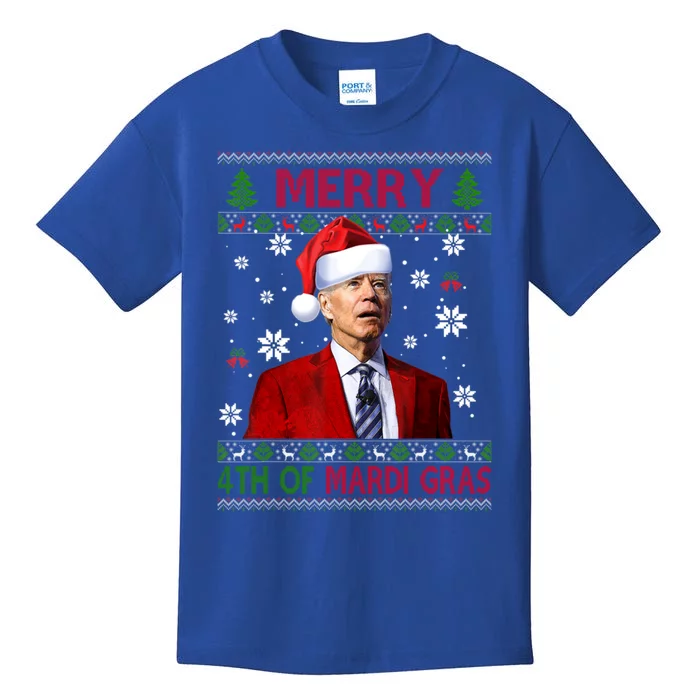 Merry 4th Of Mardi Gras Funny Joe Biden Xmas Ugly Sweater Great Gift Kids T-Shirt