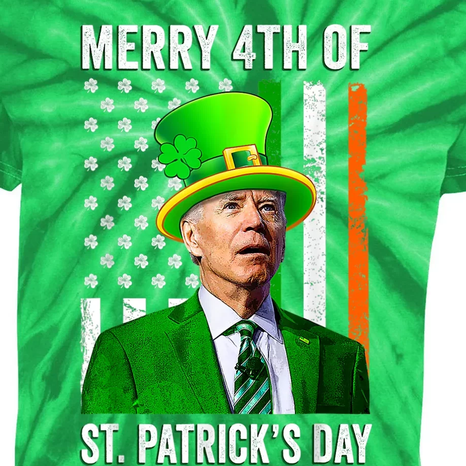 Merry 4th Of St Patrick's Day Joe Biden Leprechaun Hat Kids Tie-Dye T-Shirt