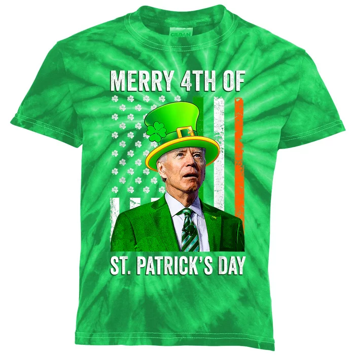 Merry 4th Of St Patrick's Day Joe Biden Leprechaun Hat Kids Tie-Dye T-Shirt