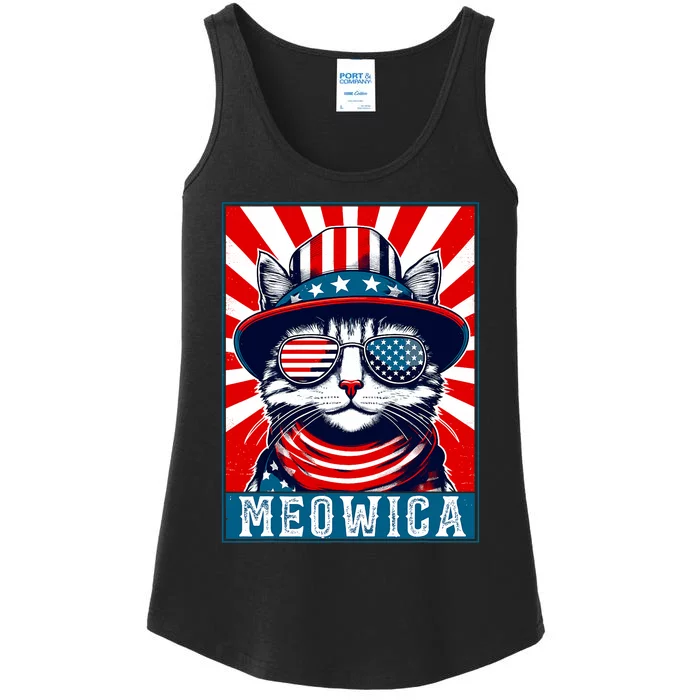 Meowica 4th Of July Cat American Flag Cat Funny 4th Of July Ladies Essential Tank