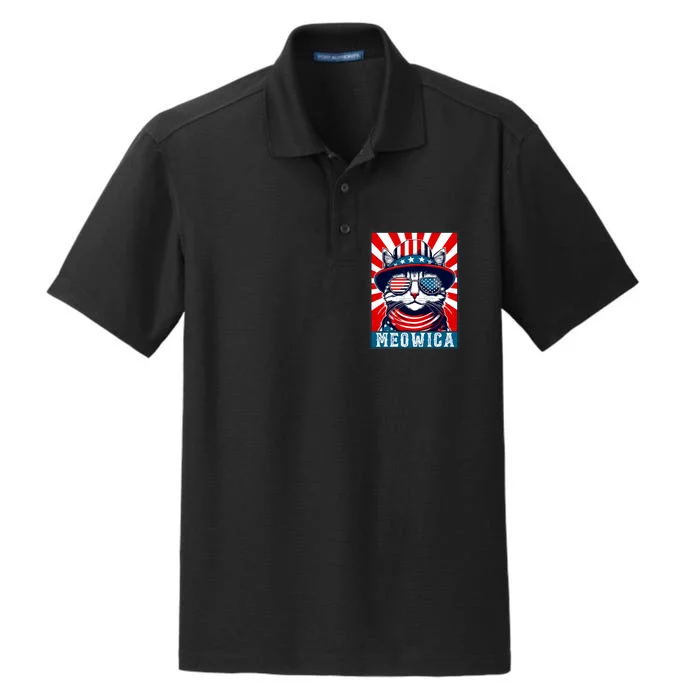 Meowica 4th Of July Cat American Flag Cat Funny 4th Of July Dry Zone Grid Performance Polo