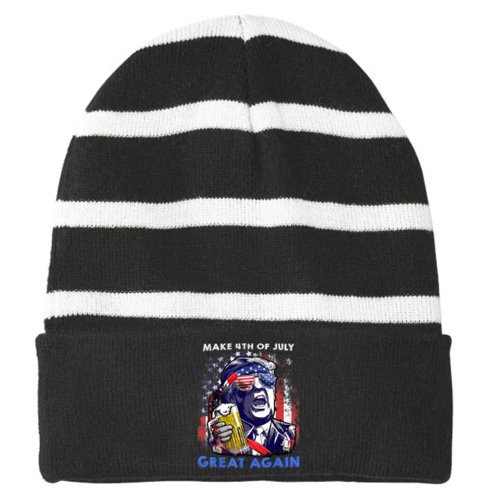 Make 4th Of July Great Again Funny Trump Drinking Beer Striped Beanie with Solid Band