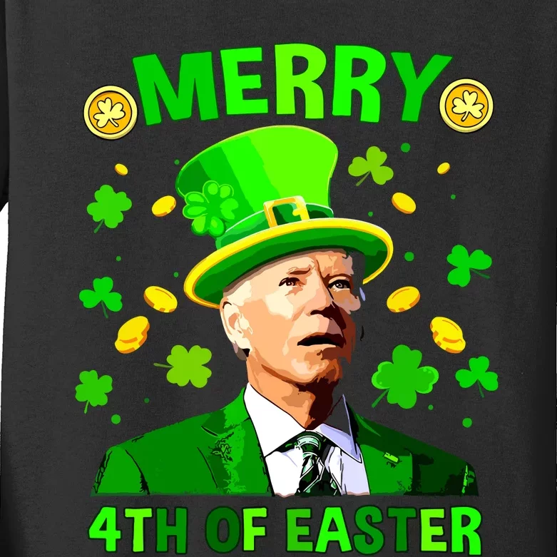 Merry 4th Of St Patricks Day Funny Joe Biden Leprechaun Hat Kids Long Sleeve Shirt