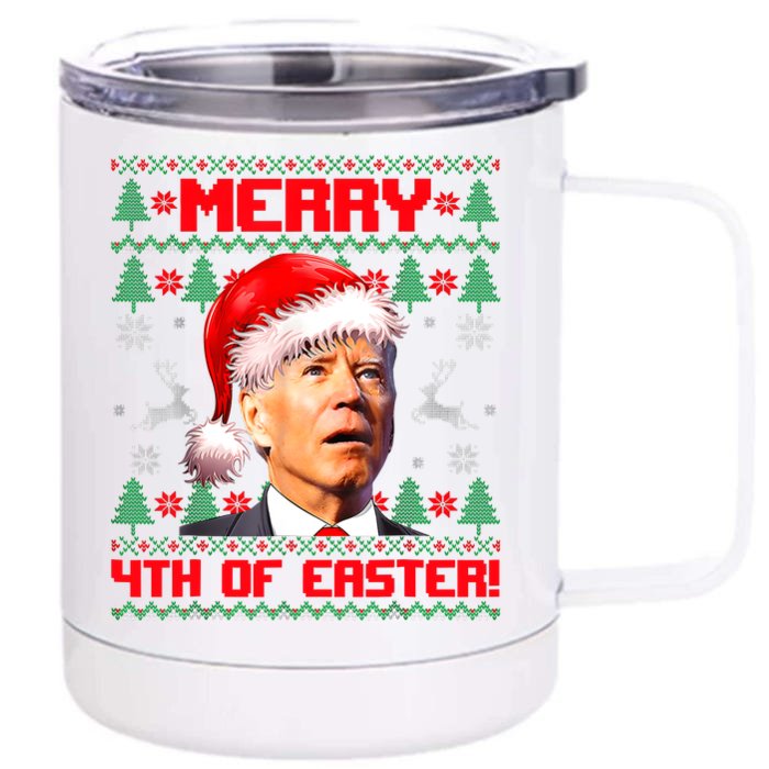 Merry 4th Of Easter Funny Joe Biden Christmas Ugly Sweater Front & Back 12oz Stainless Steel Tumbler Cup