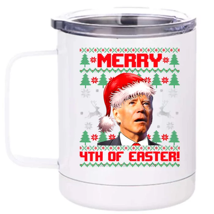 Merry 4th Of Easter Funny Joe Biden Christmas Ugly Sweater Front & Back 12oz Stainless Steel Tumbler Cup