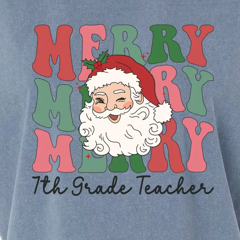 Merry 7th Grade Teacher Retro Groovy Santa Face Christmas Funny Gift Garment-Dyed Women's Muscle Tee