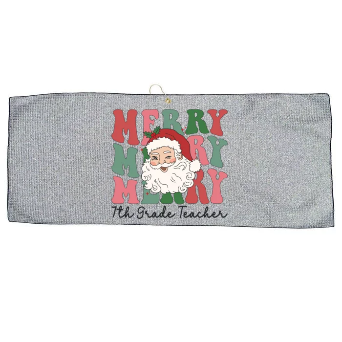 Merry 7th Grade Teacher Retro Groovy Santa Face Christmas Funny Gift Large Microfiber Waffle Golf Towel