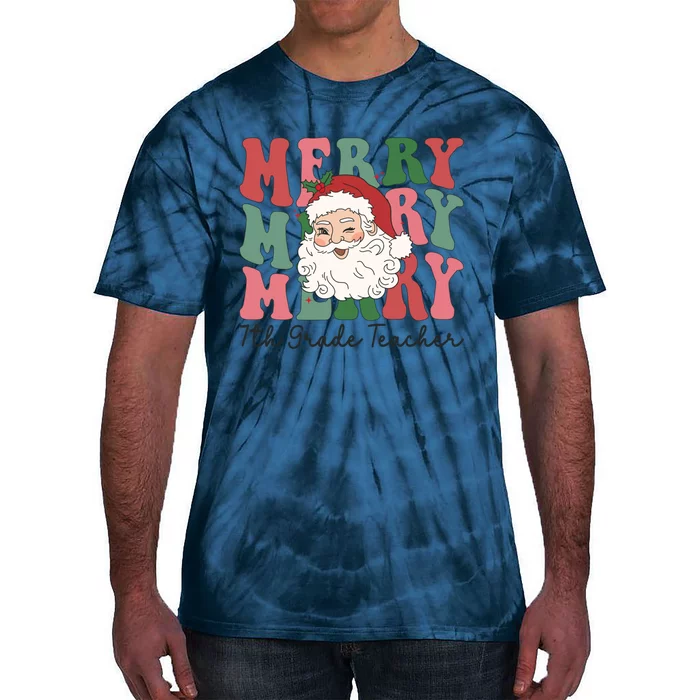 Merry 7th Grade Teacher Retro Groovy Santa Face Christmas Funny Gift Tie-Dye T-Shirt