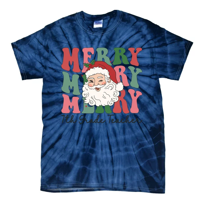 Merry 7th Grade Teacher Retro Groovy Santa Face Christmas Funny Gift Tie-Dye T-Shirt