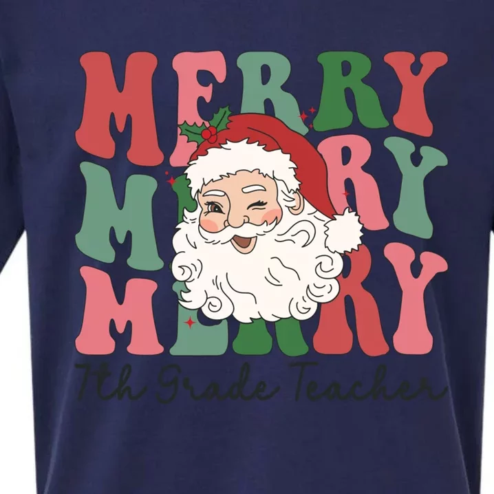 Merry 7th Grade Teacher Retro Groovy Santa Face Christmas Funny Gift Sueded Cloud Jersey T-Shirt