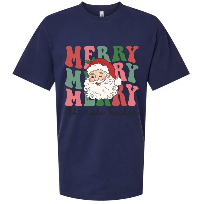 Merry 7th Grade Teacher Retro Groovy Santa Face Christmas Funny Gift Sueded Cloud Jersey T-Shirt