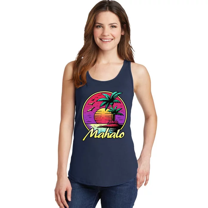 Mahalo. 80s Palm Sunset. Tropical Beach Summer Ladies Essential Tank