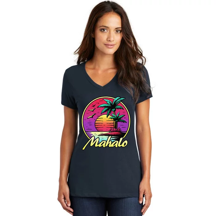 Mahalo. 80s Palm Sunset. Tropical Beach Summer Women's V-Neck T-Shirt