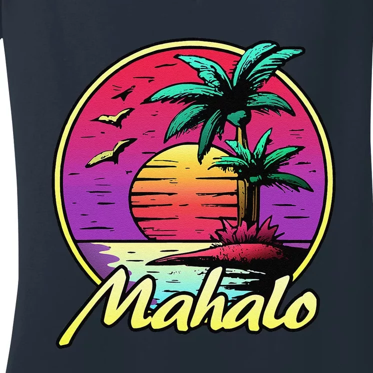 Mahalo. 80s Palm Sunset. Tropical Beach Summer Women's V-Neck T-Shirt