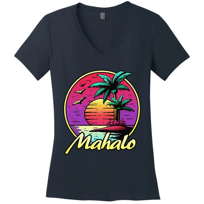 Mahalo. 80s Palm Sunset. Tropical Beach Summer Women's V-Neck T-Shirt