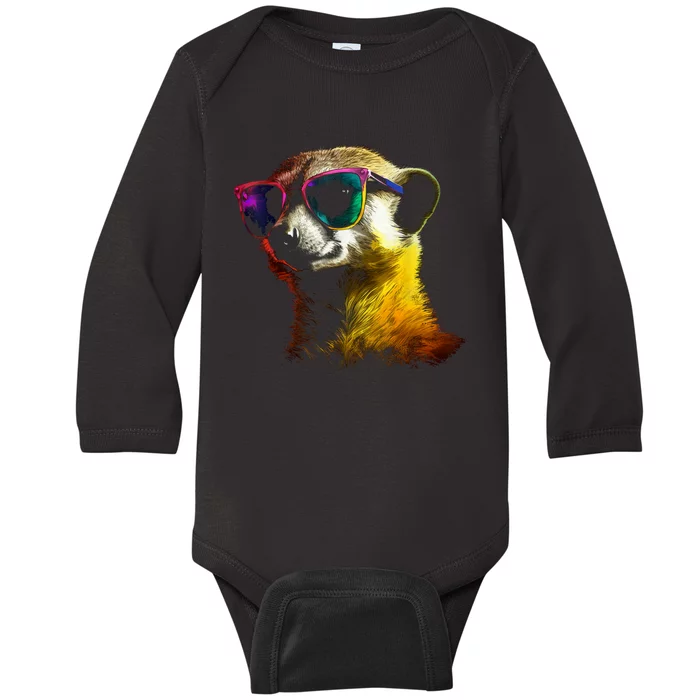 Meerkat Artwork Animal Art Sunglasses Meerkat Baby Long Sleeve Bodysuit