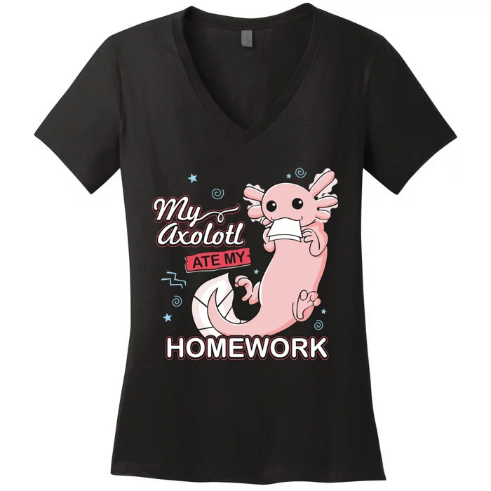 My Axolotl Ate My Homework Funny Axolotls School Nerd Women's V-Neck T-Shirt