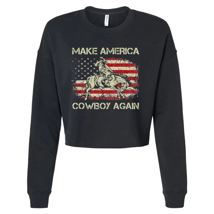 Makes America A Cowboy Again Vintage Western Rodeo USA Flag Cropped Pullover Crew