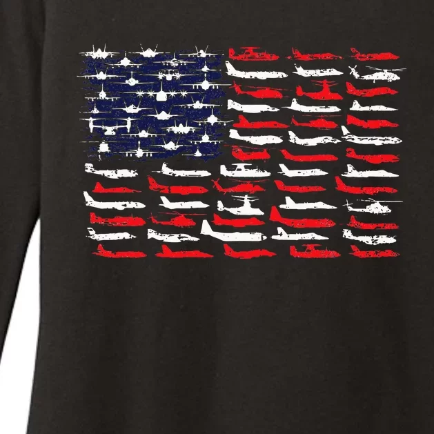 Military Aviation American Flag Aircraft Distressed Design Womens CVC Long Sleeve Shirt