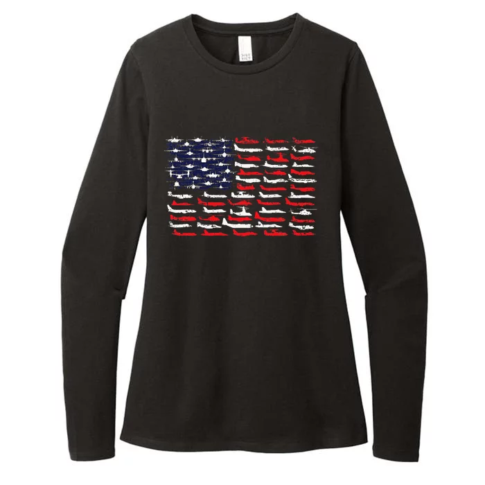 Military Aviation American Flag Aircraft Distressed Design Womens CVC Long Sleeve Shirt