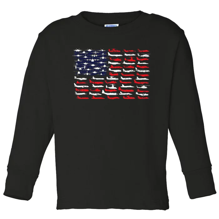 Military Aviation American Flag Aircraft Distressed Design Toddler Long Sleeve Shirt