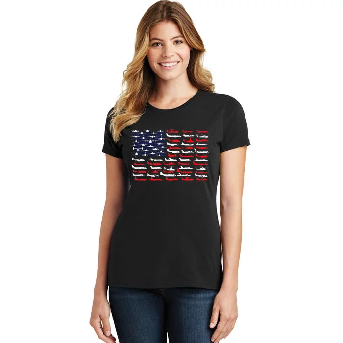 Military Aviation American Flag Aircraft Distressed Design Women's T-Shirt