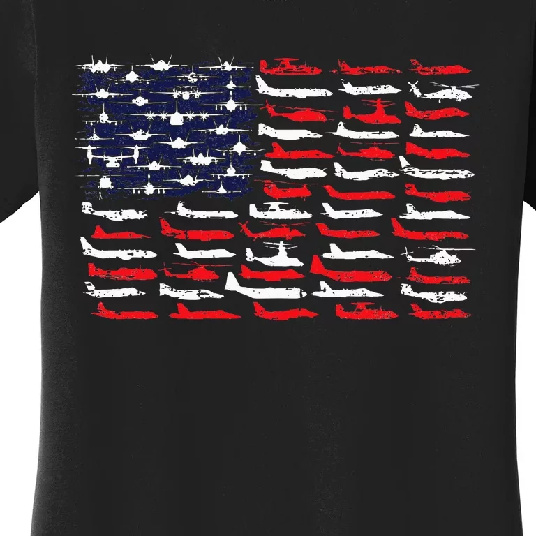 Military Aviation American Flag Aircraft Distressed Design Women's T-Shirt