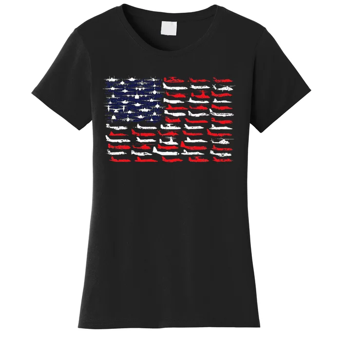 Military Aviation American Flag Aircraft Distressed Design Women's T-Shirt