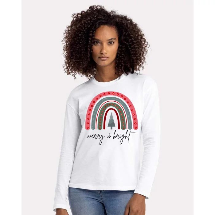 Merry And Bright Rainbow Holiday Womens Cotton Relaxed Long Sleeve T-Shirt