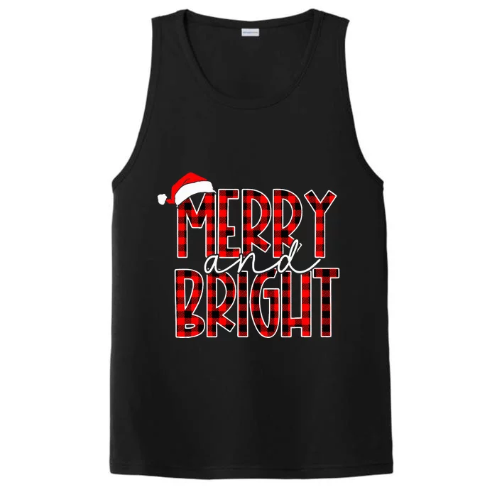 Merry and Bright Buffalo Plaid Red Santa Hat Christmas Xmas Performance Tank