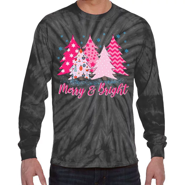 Merry and Bright Pink Christmas Tree Pink Christmas Costume Tie-Dye Long Sleeve Shirt