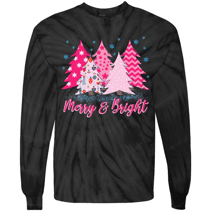 Merry and Bright Pink Christmas Tree Pink Christmas Costume Tie-Dye Long Sleeve Shirt