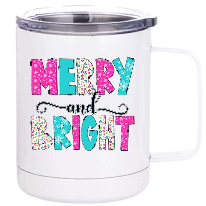 Merry And Bright Christmas Cute Family Xmas Holiday Front & Back 12oz Stainless Steel Tumbler Cup