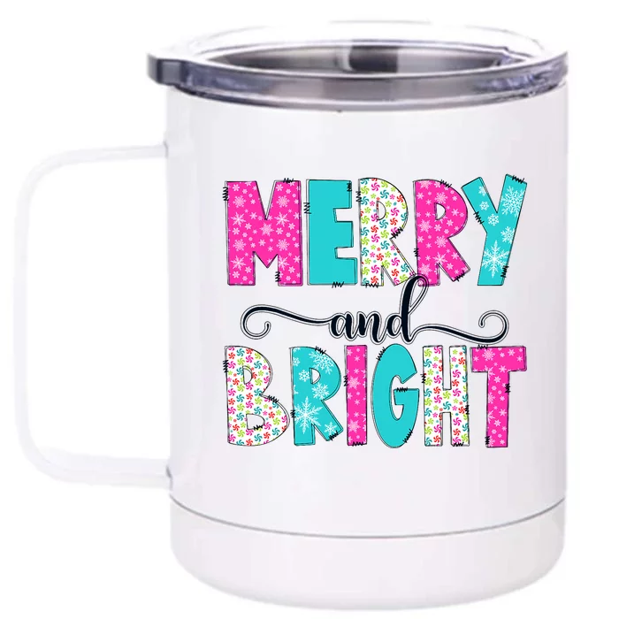 Merry And Bright Christmas Cute Family Xmas Holiday Front & Back 12oz Stainless Steel Tumbler Cup