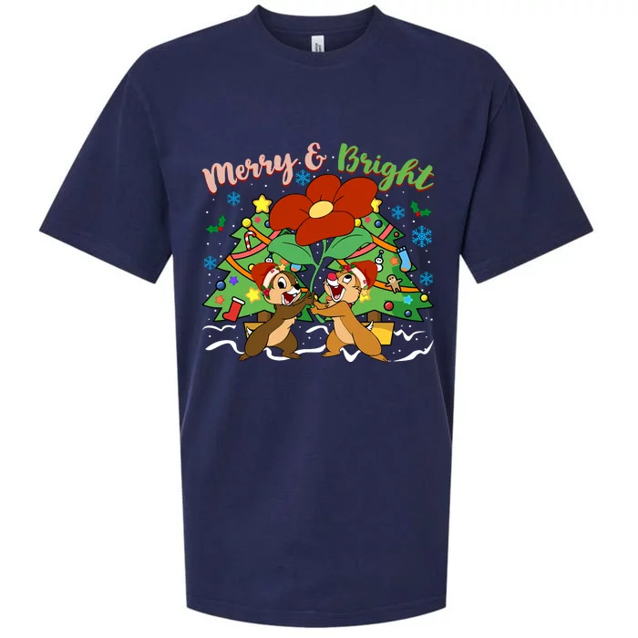 Merry And Bright Christmas Tree Chip And Dale Christmas Sueded Cloud Jersey T-Shirt